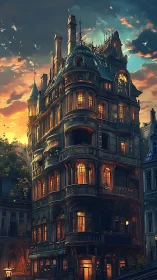 Tall steampunk townhouse glows with warm interior lights at dusk