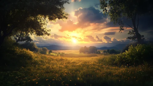 Golden meadow glows beneath dramatic sunset sky