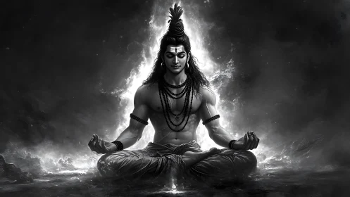 Monochrome meditative deity render with radial light aura design.