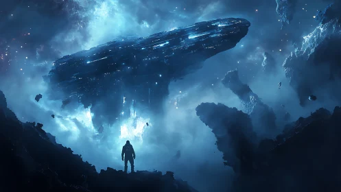 Human figure observes illuminated spacecraft in dense cosmic fog