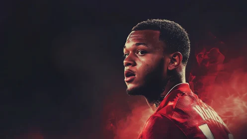 Football player portrait in red kit against dark backdrop.