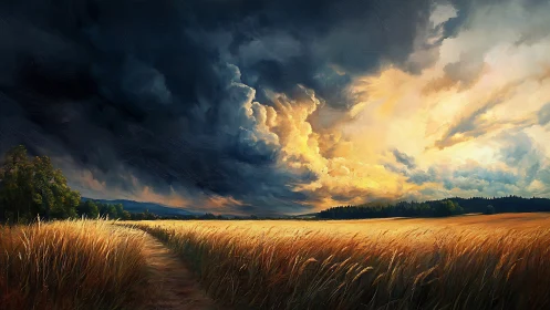 Storm-kissed wheat horizon under blazing evening sky drama.