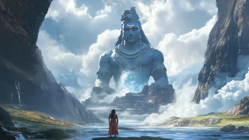 Majestic mountain deity watching over a quiet valley path.