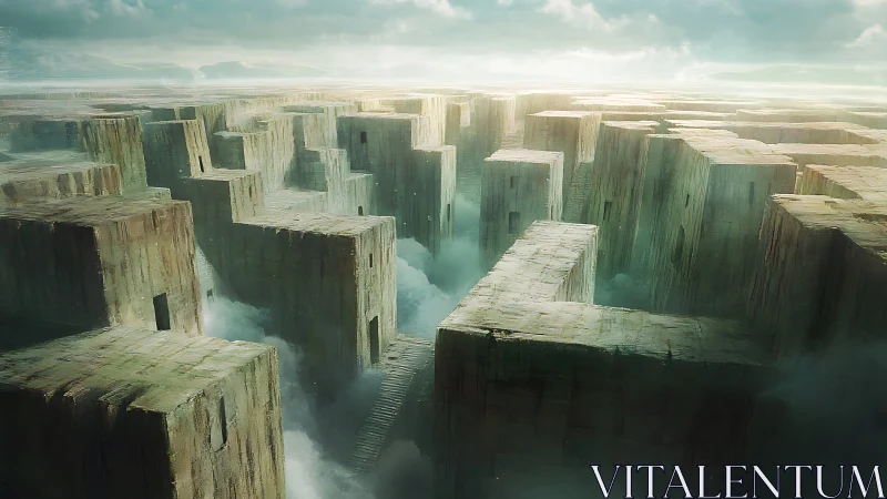 Monolithic stone labyrinth rising above misty chasms.