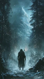 Lone wanderer braves a stormy mountain forest path.