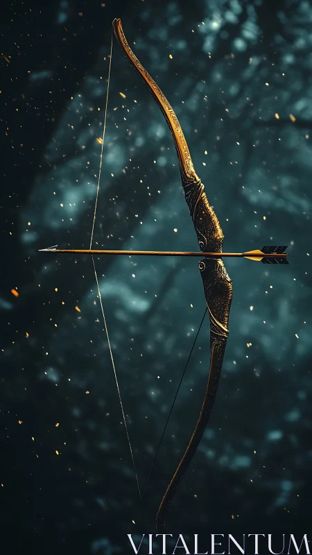 Ornate recurve bow with arrow suspended in ember-lit fog.