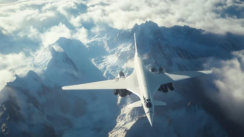 Silver supersonic arrow glides above stormy mountain crowns