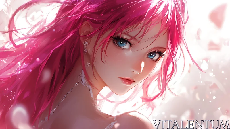 Pink haired anime girl turns toward viewer in soft petals