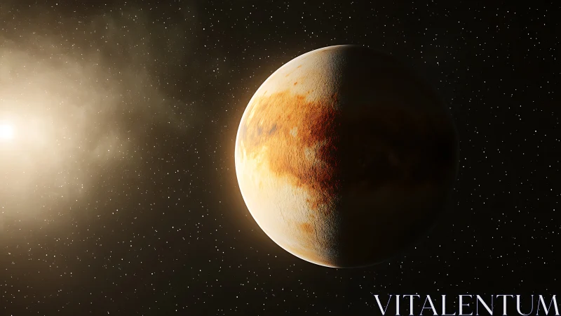 Illuminated exoplanet with rust-toned surface in deep starfield.