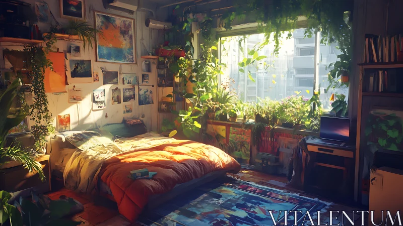 Sunlit bedroom interior with plants and personal decor.