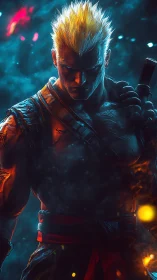 Cyber warrior emerges through embers and neon haze.