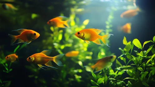 Golden fish drifting through a sunlit, leafy aquarium world.