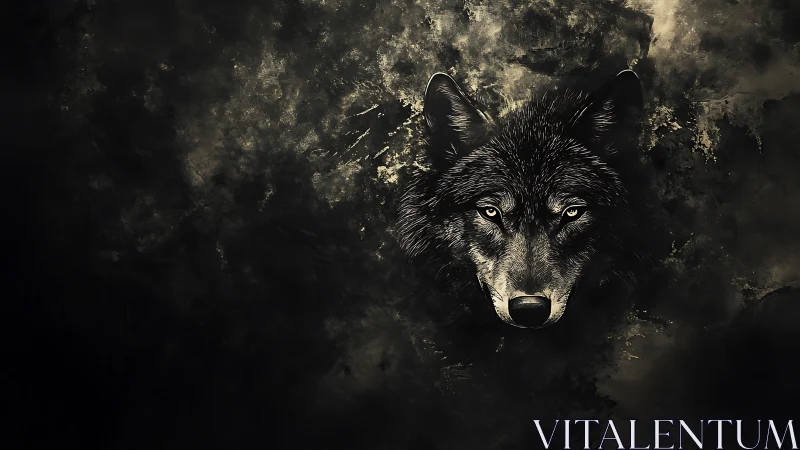 Nocturnal wolf portrait emerging from textured darkness.