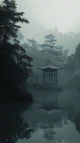 Mist-veiled lakeside pavilion dreaming in mirrored stillness.