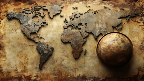 Rust-touched world map and bronze globe in warm decay.
