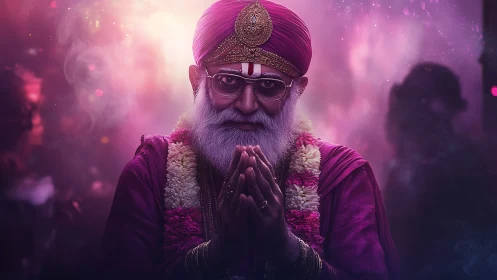Elderly guru in magenta robes under cinematic neon haze.