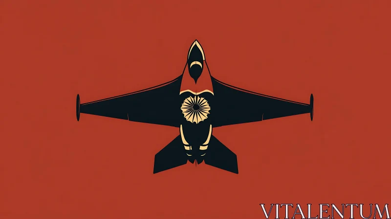 Jet silhouette blooms with golden sunburst over rust skies.