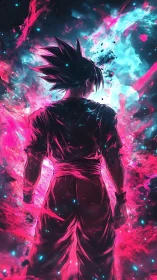 Warrior silhouette stands in neon cosmic energy storm