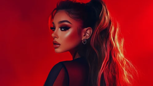 Scarlet-lit siren glows with molten glamour and resolve.