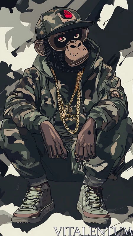 Urban camo-clad chimpanzee character in stylized streetwear illustration.