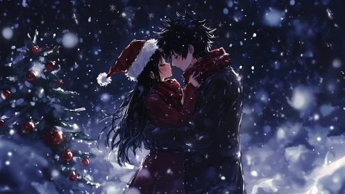 Snowy Christmas lovers share kiss under glowing tree