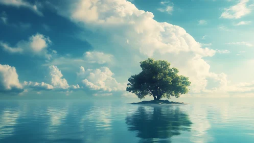 Solitary Tree Standing on Island Amid Serene Waters