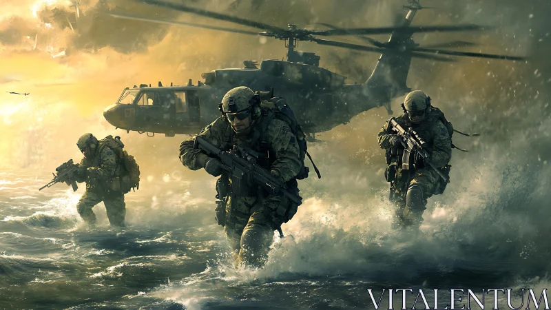 Special forces storm coastal surf under assault helicopter fire.