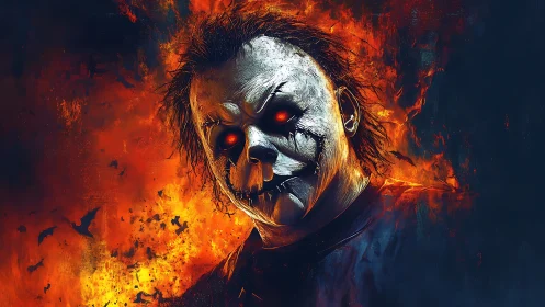 Burning mask fiend with ember eyes in a nightmare blaze.