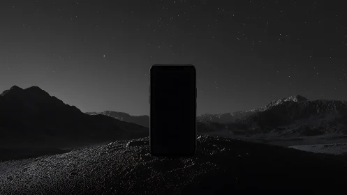 Starlit smartphone monolith rising over silent lunar ridges.