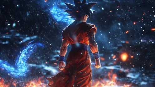 Starlit warrior strides through firelit storm of power