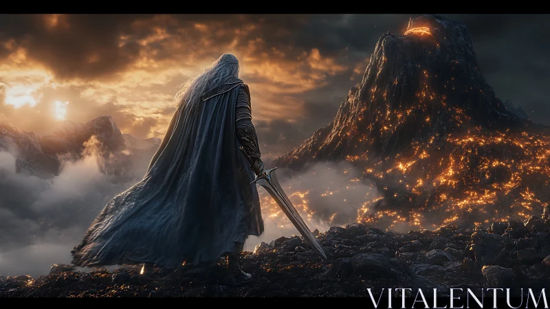 Armored swordsman observing molten volcanic landscape.