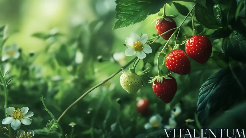 Sunlit strawberry trio ripening among whispering garden greens.