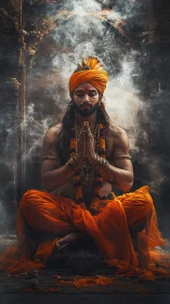 Ritual ascetic in orange robes amid volumetric temple smoke.