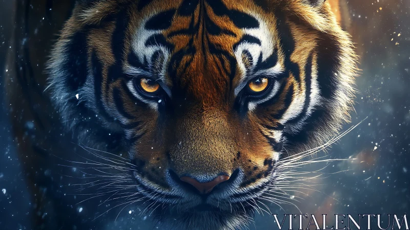 Close-up digital portrait of tiger face in cold light.