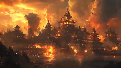 Incandescent pagoda citadel under large scale urban conflagration.