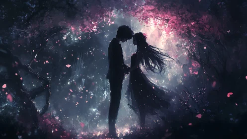 Silhouetted couple beneath luminous cherry blossoms at dusk.