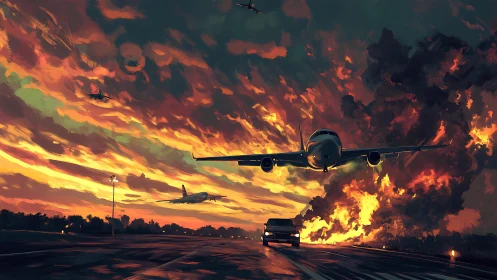 Aviation Crisis: Commercial Aircraft Over Burning Landscape