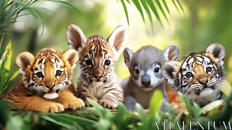 Tiger and Koala Cubs in Tropical Setting.