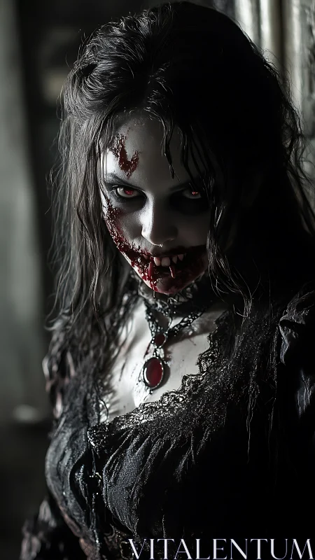 Blood-velvet vampire queen staring down the trembling dark.