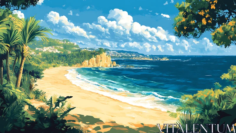 Tropical beach landscape with golden sand and turquoise ocean waves