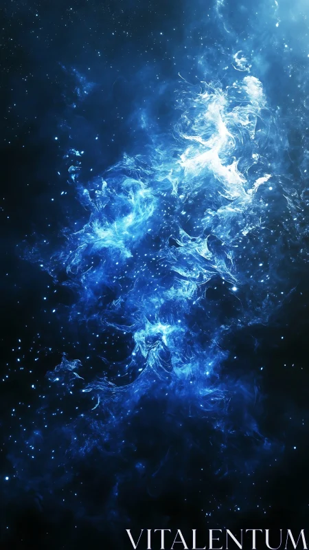 Cosmic blue nebula swirls glow against deep starry void.