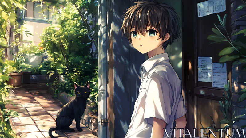 Quiet garden doorway with a boy and a watchful black cat.