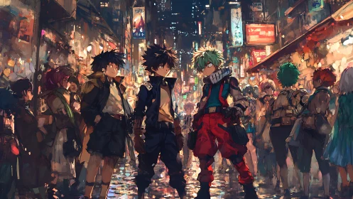 Neon alley heroes gathering under crowded city skies.