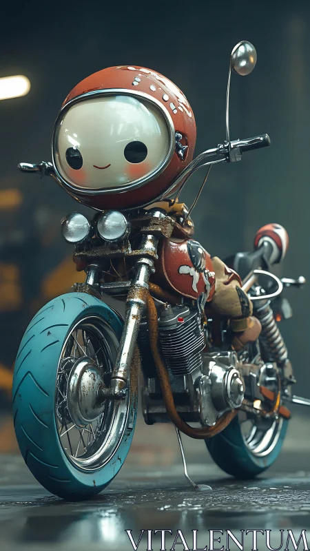 Gentle space rider on a teal-tired retro motorbike.
