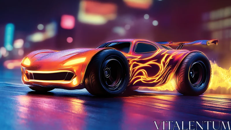 Flame-patterned concept car is rendered on wet neon street