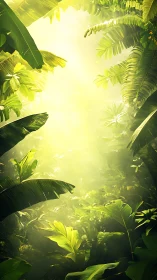 Sunlit tropical foliage with dense layered vegetation.