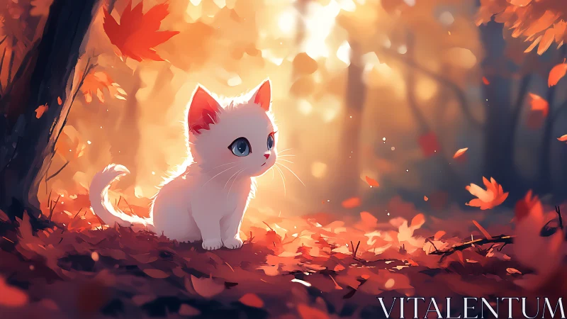 White Kitten in Autumn's Golden Glow.