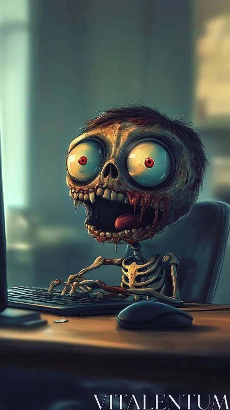 Undead office gamer skeleton at computer workstation desk.