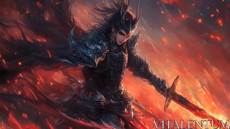 Demonic warlord in black armor amid erupting firestorm.