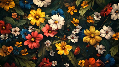 Vibrant Floral Pattern on Dark Background.